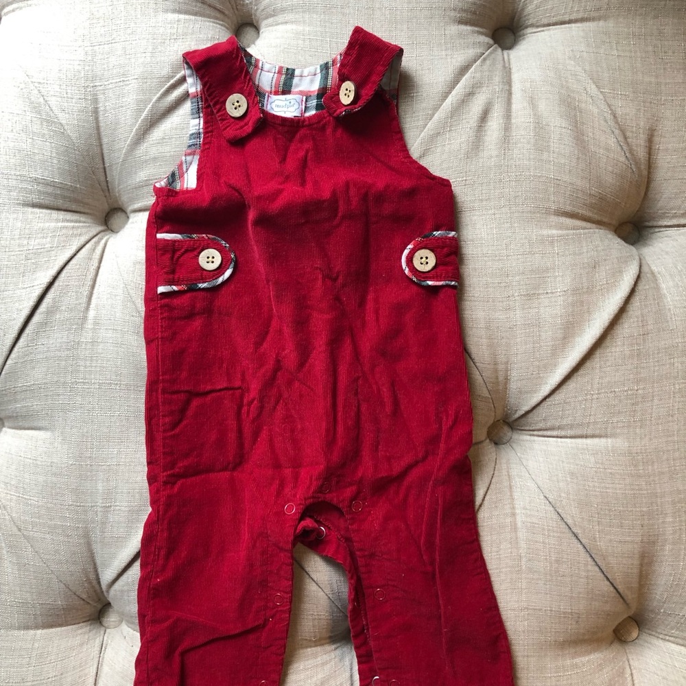 Mud pie 3-6 month red corduroy overalls
